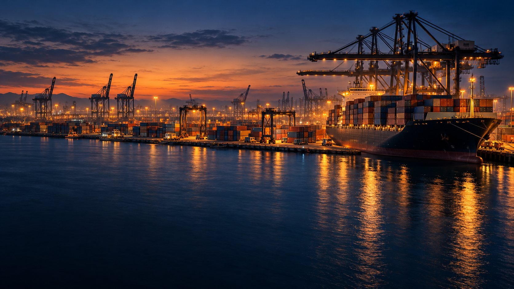 Container port with cranes and a cargo ship at dusk