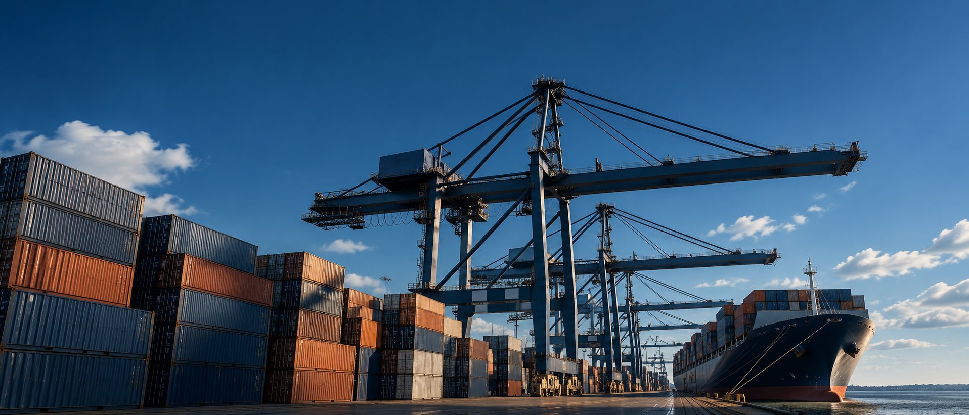 Ship-to-shore cranes and stacked containers at a port in daylight